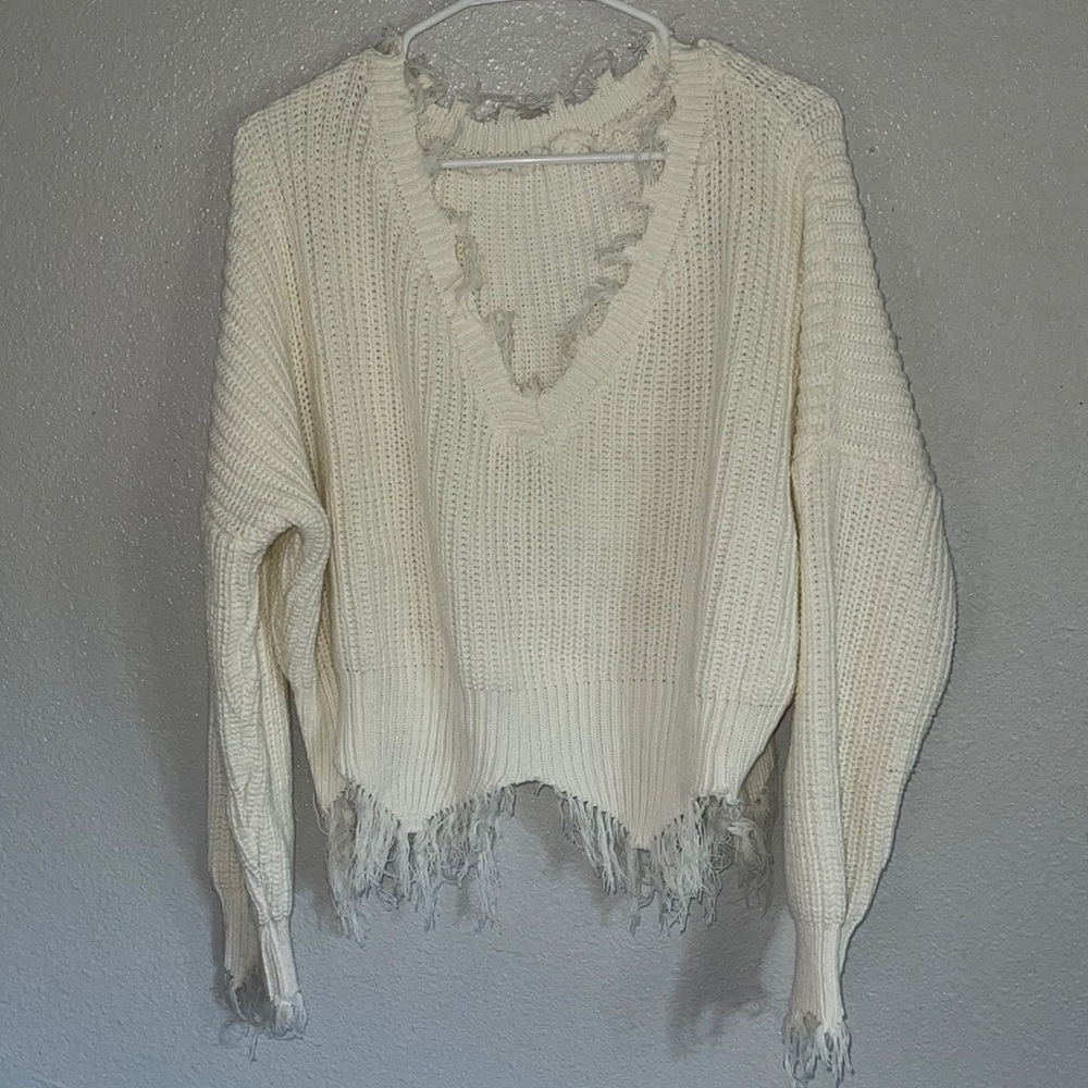 Frayed trim drop Shoulder sweater